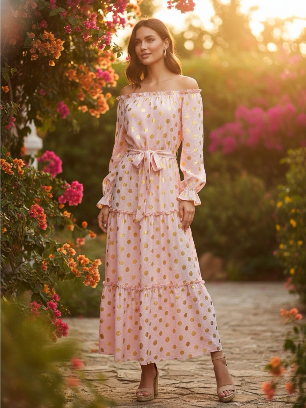 CARMEL BY THE SEA BOUTIQUE Off-Shoulder Pink Maxi Dress with Gold Polka Dots